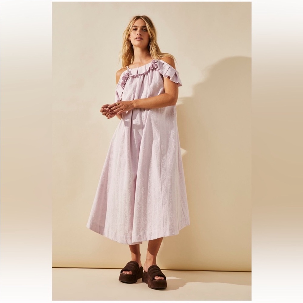 Free People Tamara Midi Ruffle Tie Back Seersucker Small